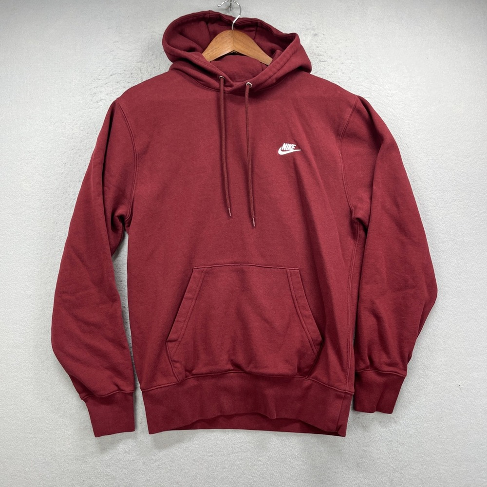 Nike Hoodie Men Small Burgundy Club Fleece Pullover Swoosh Athleisure Sweatshirt